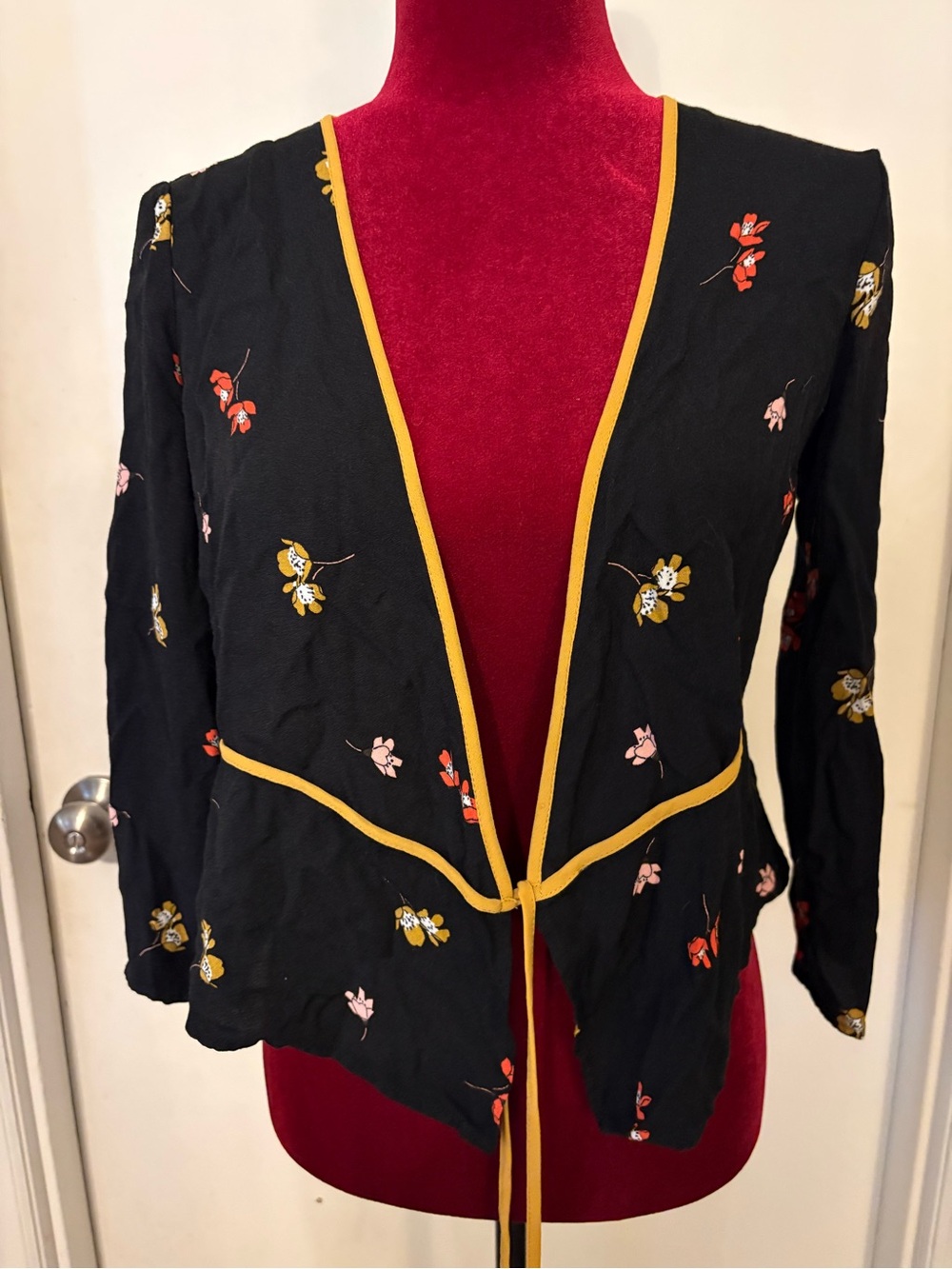 Urban Outfitters Black Floral Open-Front Jacket with Mustard Trim